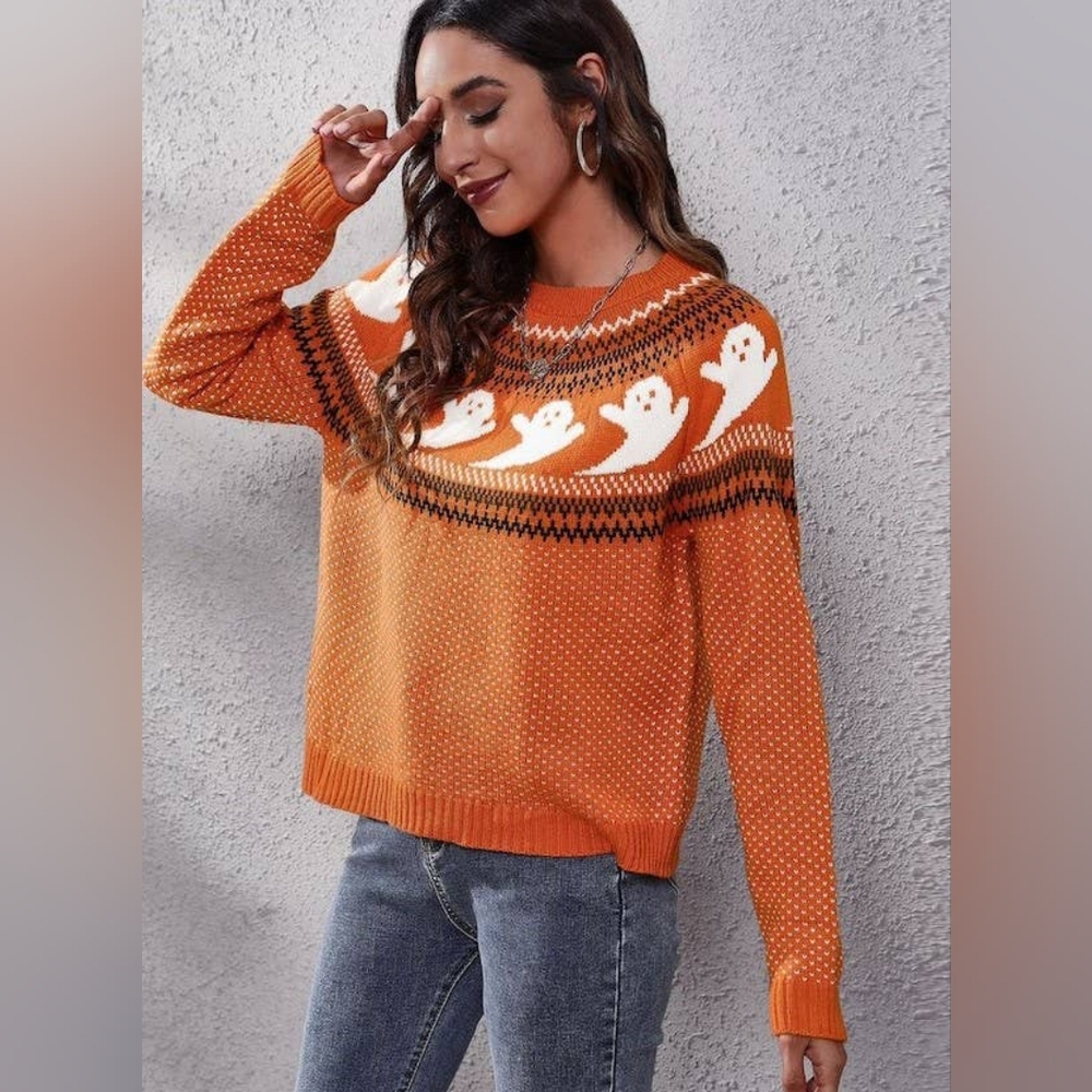 Halloween Ghosts Knit Sweater Orange